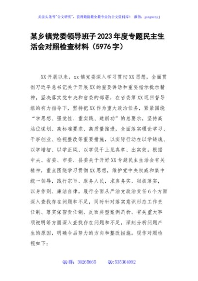 （乡镇班子）2023年度专题民主生活会对照检查（践行宗旨等6个方面）