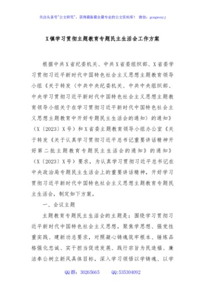 X镇学习贯彻主题教育专题民主生活会工作方案