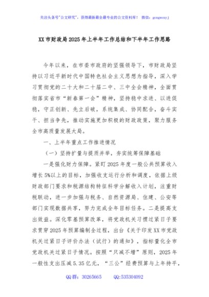 XX市财政局2025年上半年工作总结和下半年工作思路