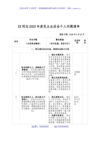 XX同志2025年度民主生活会个人问题清单