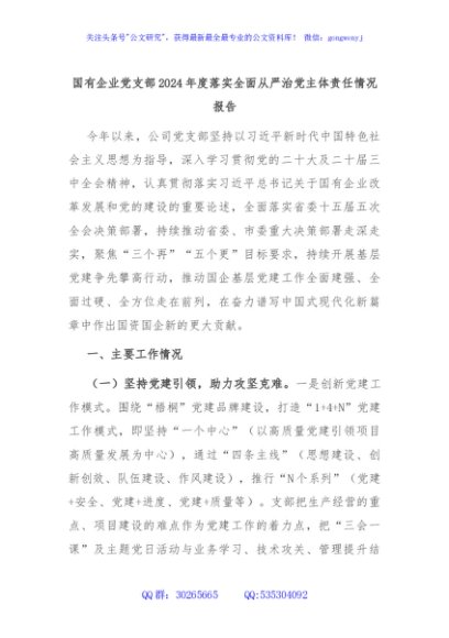 国有企业党支部2024年度落实全面从严治党主体责任情况报告