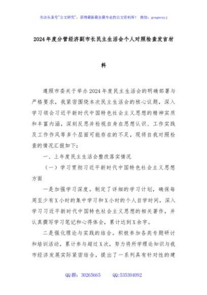 2024年度分管经济副市长民主生活会个人对照检查发言材料