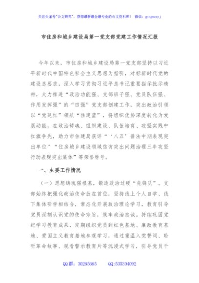市住房和城乡建设局第一党支部党建工作情况汇报