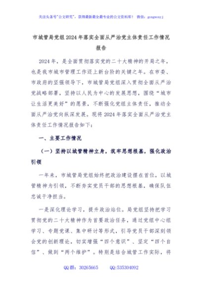 市城管局党组2024年落实全面从严治党主体责任工作情况报告