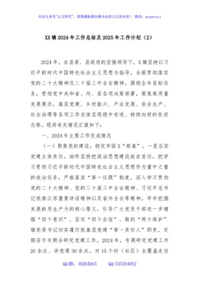 XX镇2024年工作总结及2025年工作计划（2）