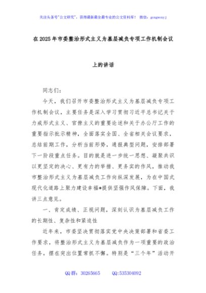在2025年市委整治形式主义为基层减负专项工作机制会议上的讲话