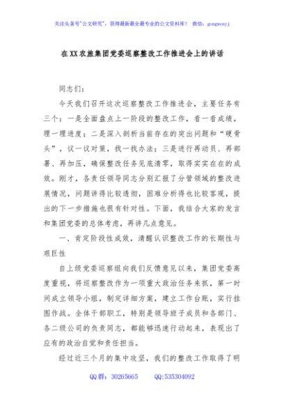 在XX农旅集团党委巡察整改工作推进会上的讲话