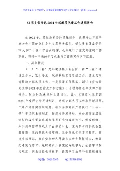 XX党支部书记2024年抓基层党建工作述职报告