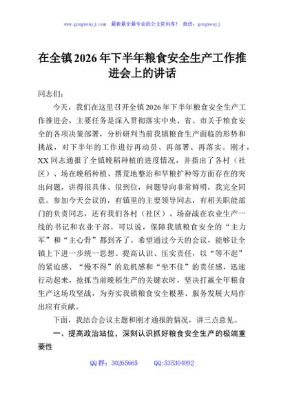 在全镇2026年下半年粮食安全生产工作推进会上的讲话
