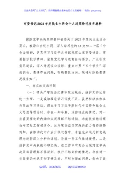 市委书记2024年度民主生活会个人对照检视发言材料