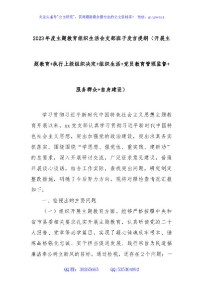 2023年度主题教育组织生活会支部班子发言提纲（开展主题教育+执行上级组织决定+组织生活+党员教育管理监督+服务群众+自身建设）