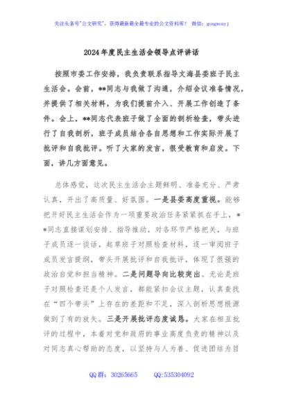 2024年度民主生活会领导点评讲话
