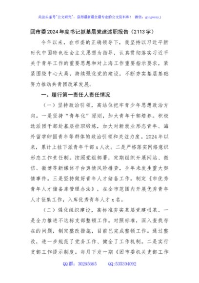 团市委2024年度书记抓基层党建述职报告（2113字）