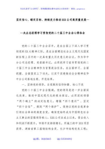 坚定信心、瞄定目标、持续发力推动XXX公司高质量发展——央企总经理学习贯彻党的二十届三中全会心得体会