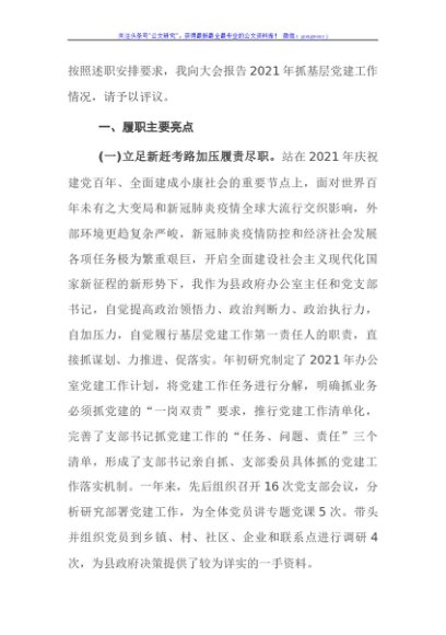 县政府办公室党支部书记2021年抓基层党建工作述职报告