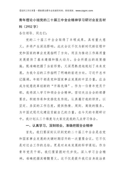 青年理论小组党的二十届三中全会精神学习研讨会发言材料（2952字）