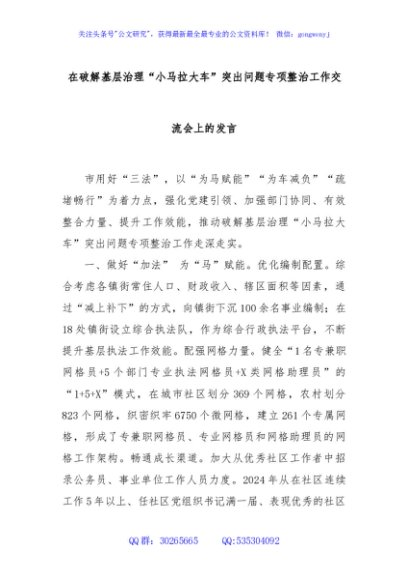 在破解基层治理“小马拉大车”突出问题专项整治工作交流会上的发言