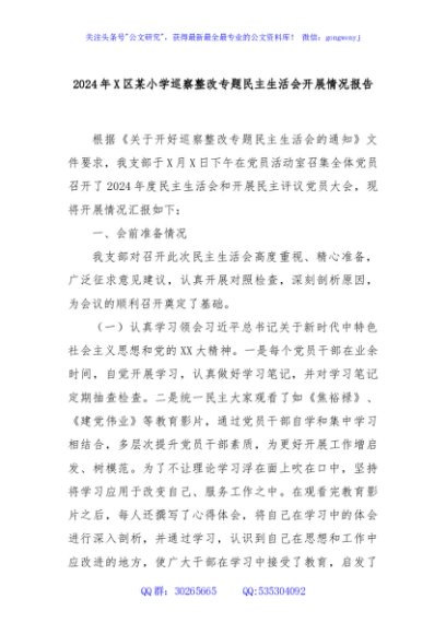 2024年X区某小学巡察整改专题民主生活会开展情况报告