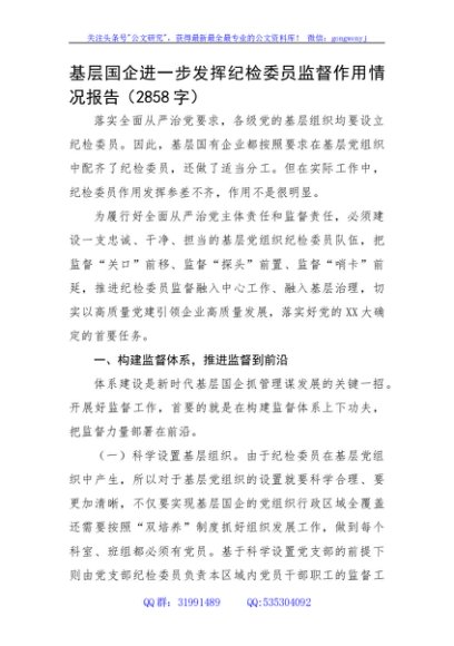 基层国企进一步发挥纪检委员监督作用情况报告