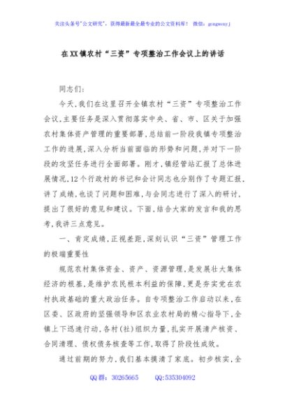 在XX镇农村“三资”专项整治工作会议上的讲话
