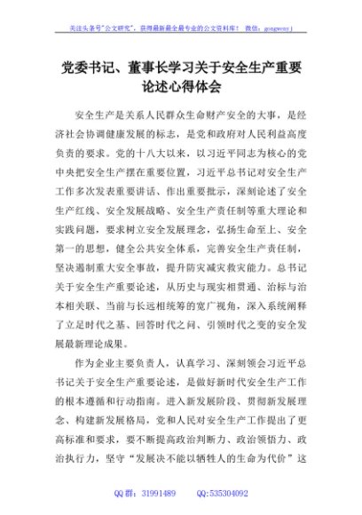 党委书记、董事长学习关于安全生产重要论述心得体会