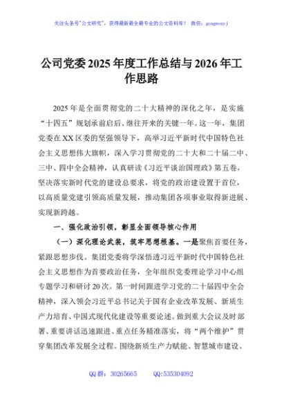 公司党委2025年度工作总结与2026年工作思路