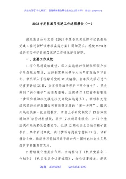 2023年度抓基层党建工作述职报告（一）