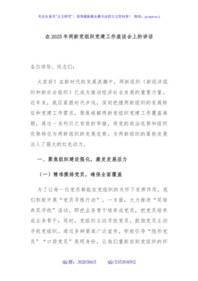 在2025年两新党组织党建工作座谈会上的讲话