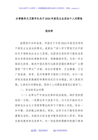 分管教科文卫副市长关于2024年度民主生活会个人对照检视材料