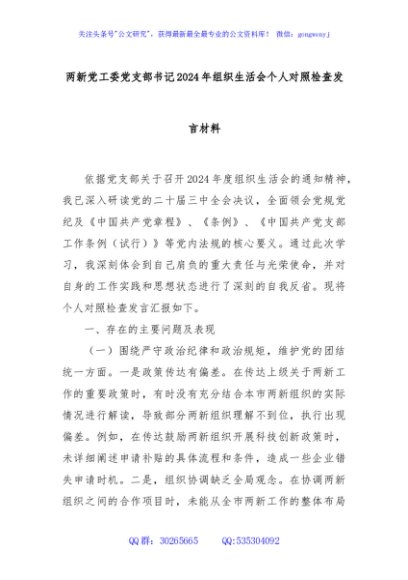 两新党工委党支部书记2024年组织生活会个人对照检查发言材料