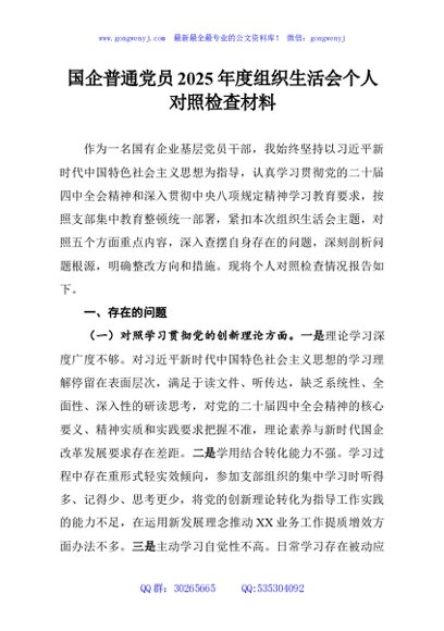 国企普通党员2025年度组织生活会个人对照检查材料