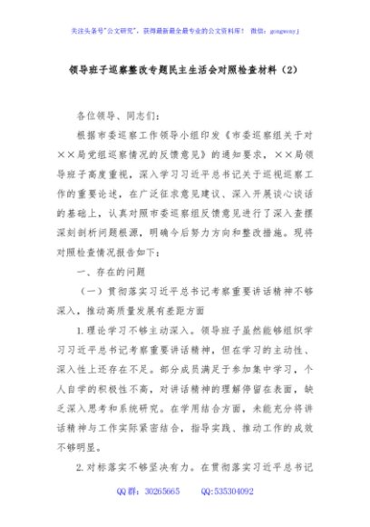 领导班子巡察整改专题民主生活会对照检查材料（2）