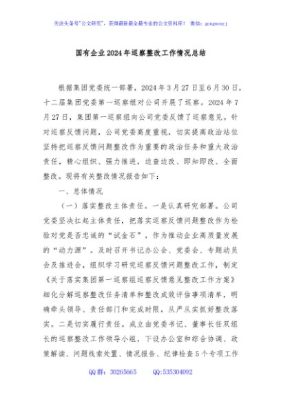 国有企业2024年巡察整改工作情况总结
