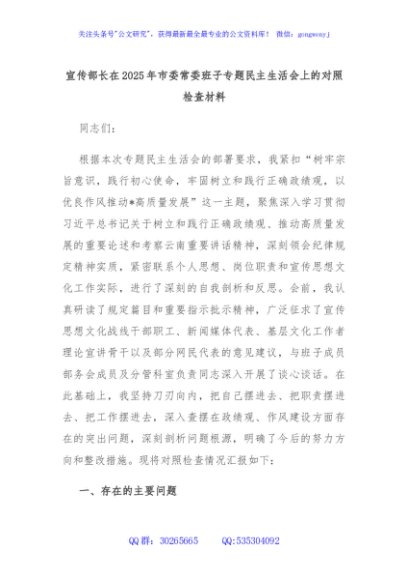 宣传部长在2025年市委常委班子专题民主生活会上的对照检查材料