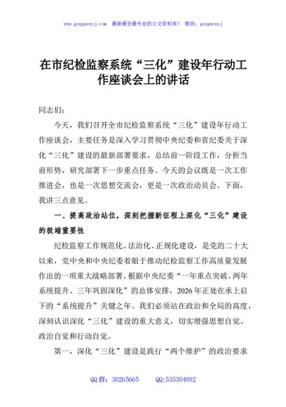 在市纪检监察系统“三化”建设年行动工作座谈会上的讲话