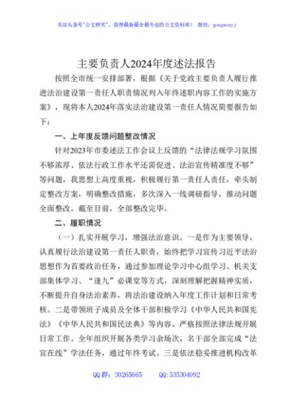 主要负责人2024年度述法报告2200字
