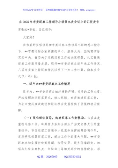在2025年市委巡察工作领导小组第九次会议上的汇报发言