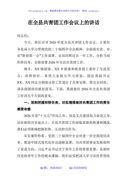 在全县共青团工作会议上的讲话