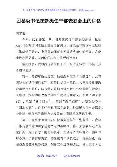 团县委书记在新提任干部表态会上的讲话