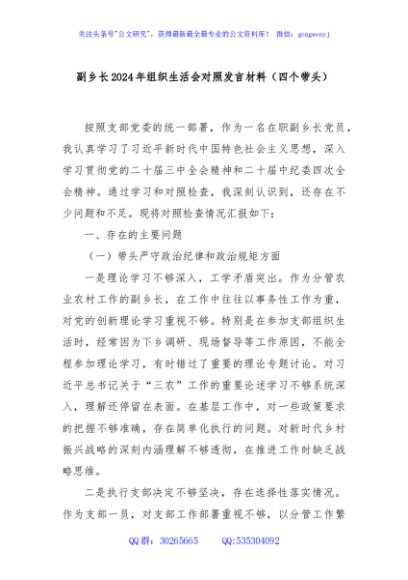 副乡长2024年组织生活会对照发言材料（四个带头）