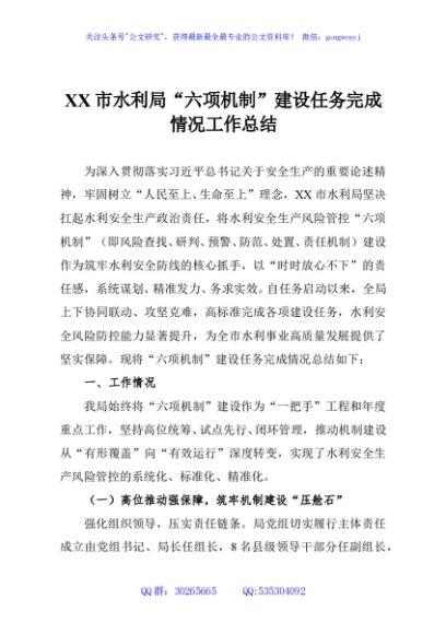 XX市水利局“六项机制”建设任务完成情况工作总结