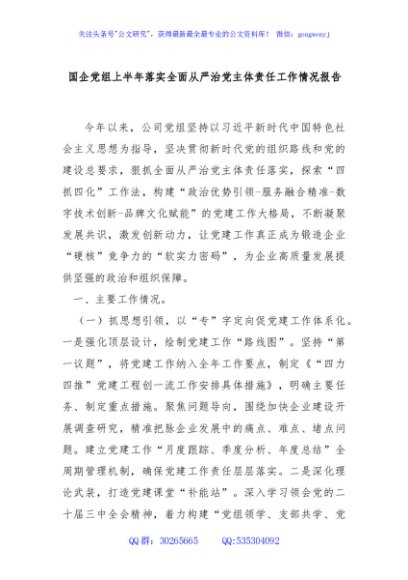 国企党组上半年落实全面从严治党主体责任工作情况报告