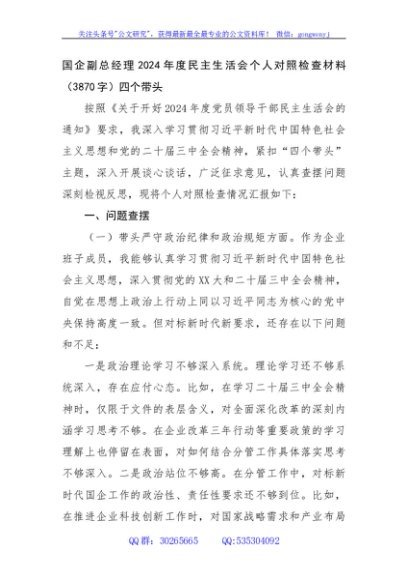 国企副总经理2024年度民主生活会个人对照检查材料（3870字）四个带头