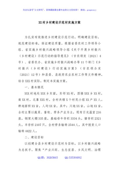 XX村乡村建设示范村实施方案