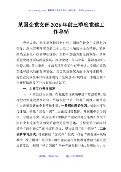 某国企党支部2026年前三季度党建工作总结