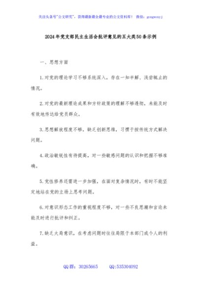 2024年党支部民主生活会批评意见的五大类50条示例