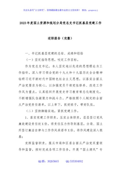 2023年度国土资源和规划分局党总支书记抓基层党建工作述职报告（完整）
