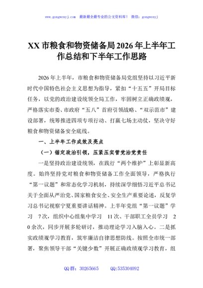 XX市粮食和物资储备局2026年上半年工作总结和下半年工作思路