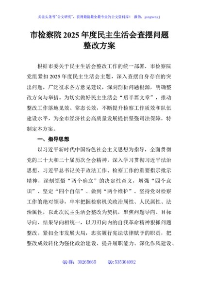 市检察院2025年度民主生活会查摆问题整改方案