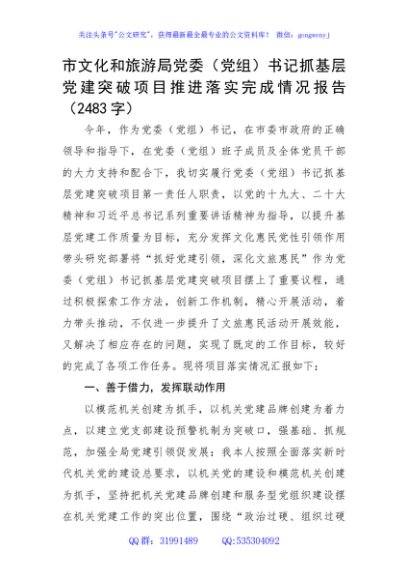 抓基层党建突破项目推进落实完成情况报告
